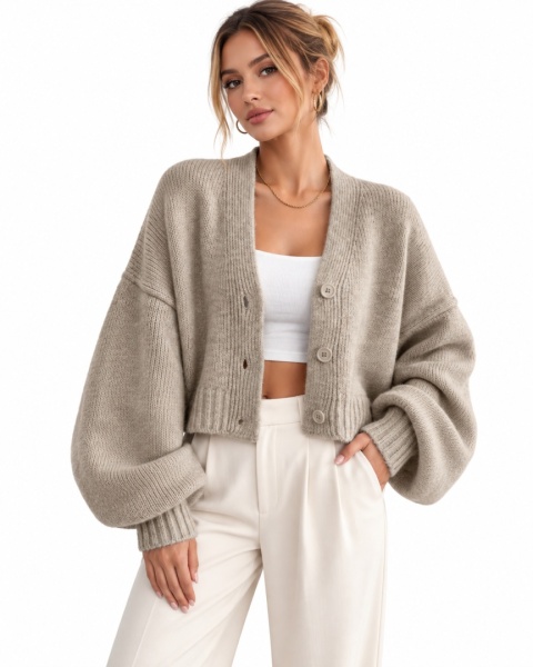 Sweter Rozpinany Kardigan Beżowy Oversize ażurowy Zapinany