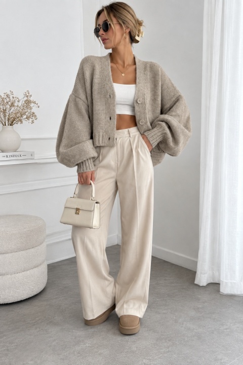 Sweter Rozpinany Kardigan Beżowy Oversize ażurowy Zapinany